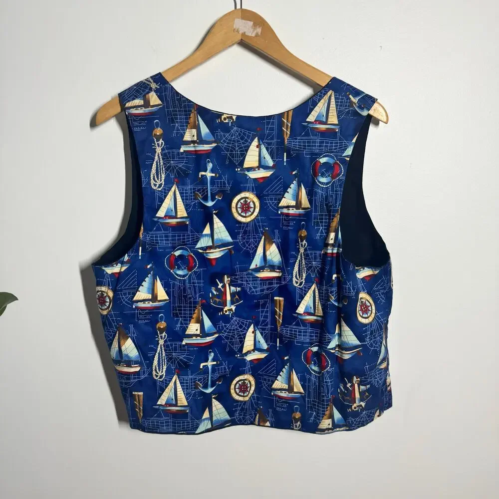 Vintage Sailboat Vest Coastal Beach Novelty Print Preppy Nautical Summer Beach